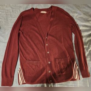 Maroon and White Striped Cardigan Sweater